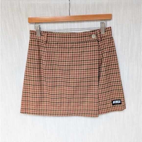 Minga London Brown Tartan Print Plaid A-line Wrap Mini Skirt, size 2 - Picture 1 of 6